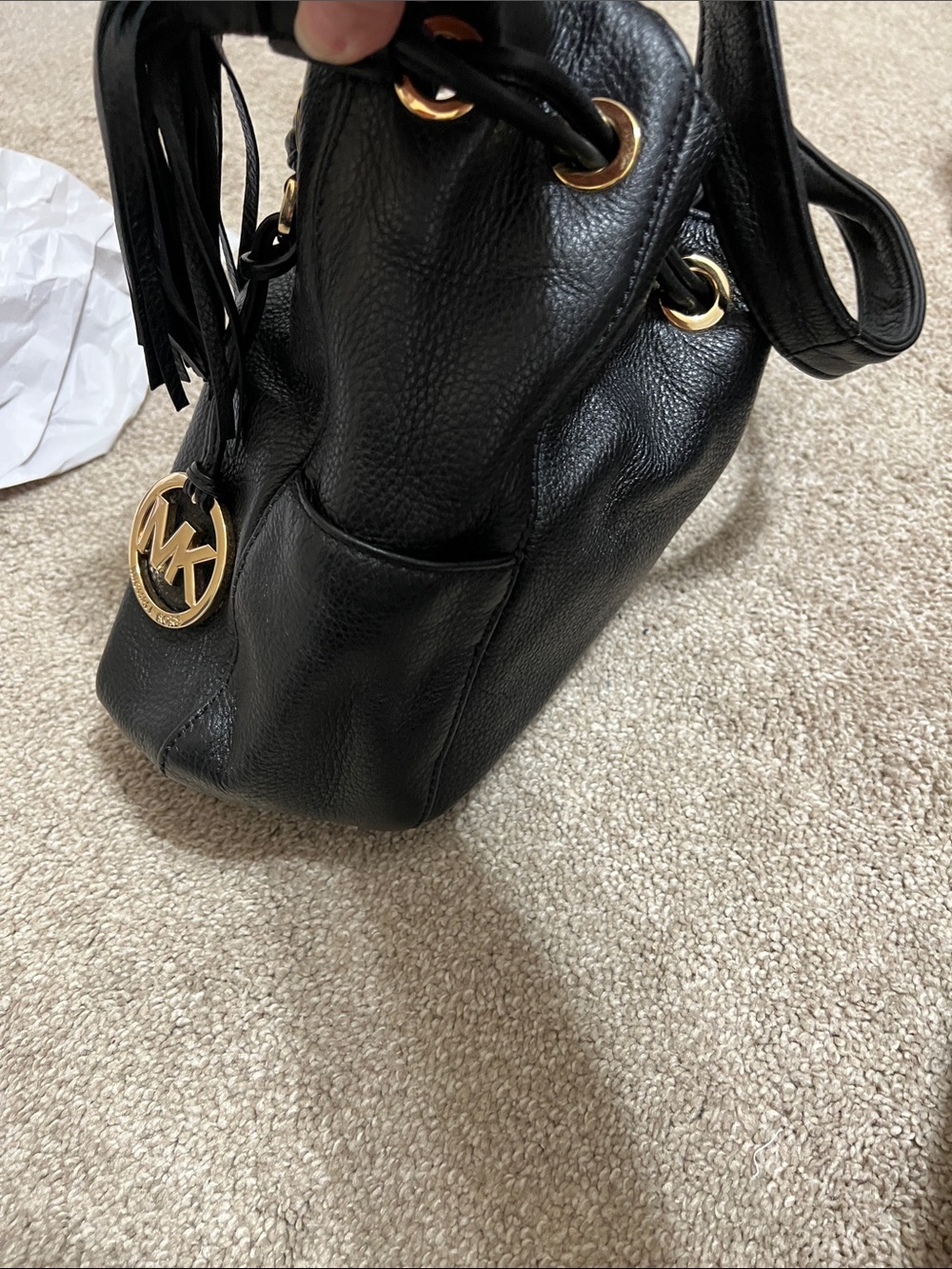 Michael Kors Black Pebbled Leather Drawstring Hobo with Gold MK Charm - Picture 7 of 11